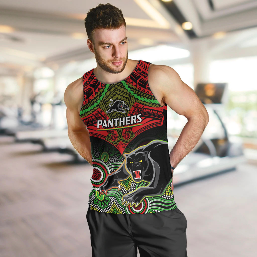 Personalised Panthers Rugby Men Tank Top Penrith 1966 Aboriginal Mix Polynesian Pattern - Vibe Hoodie Shop