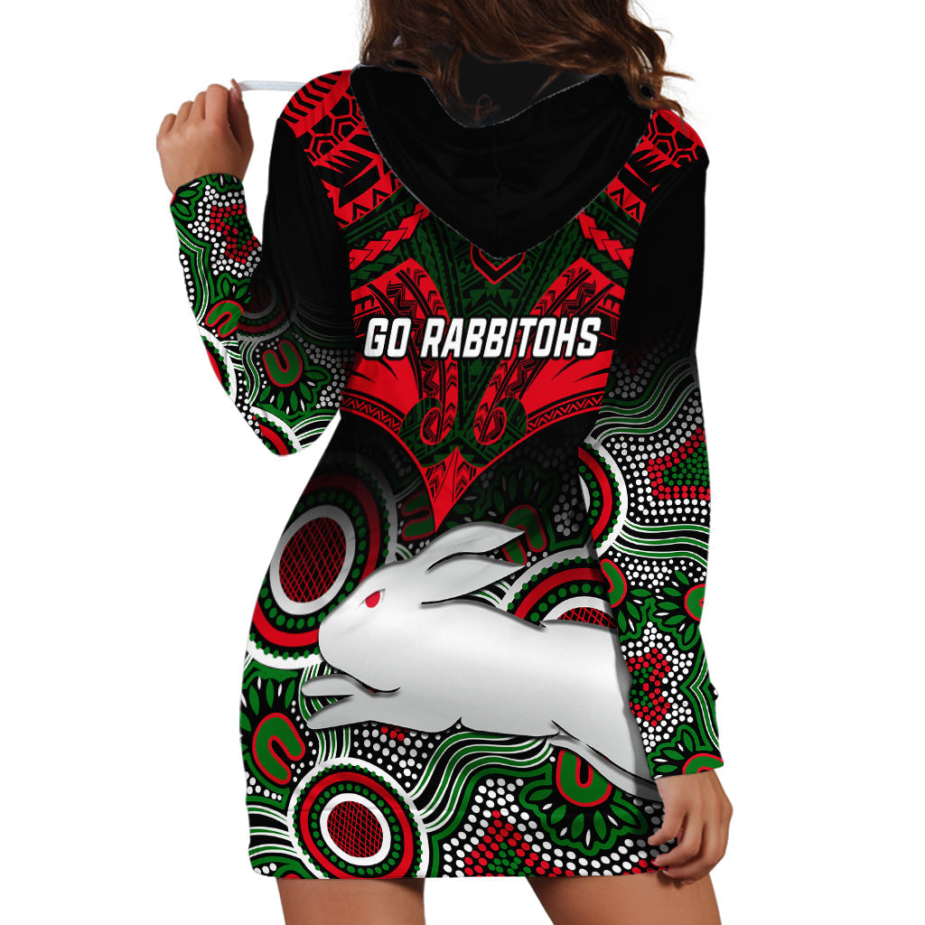 Rabbitohs Rugby Hoodie Dress Souths 1908 Aboriginal Mix Polynesian Pattern - Vibe Hoodie Shop