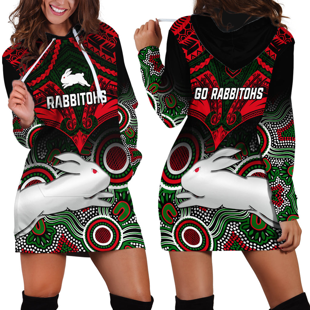 Rabbitohs Rugby Hoodie Dress Souths 1908 Aboriginal Mix Polynesian Pattern - Vibe Hoodie Shop