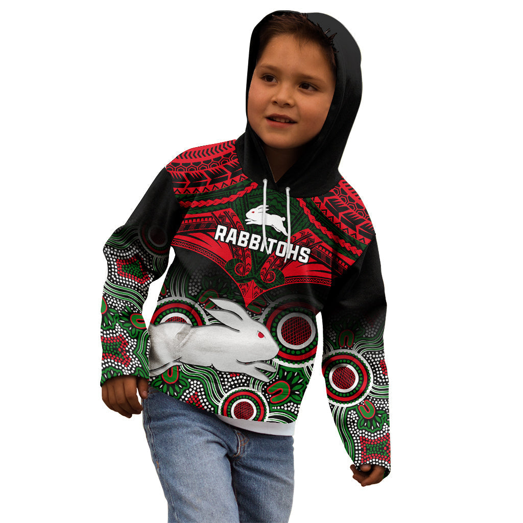 Rabbitohs Rugby Kid Hoodie Souths 1908 Aboriginal Mix Polynesian Pattern - Vibe Hoodie Shop