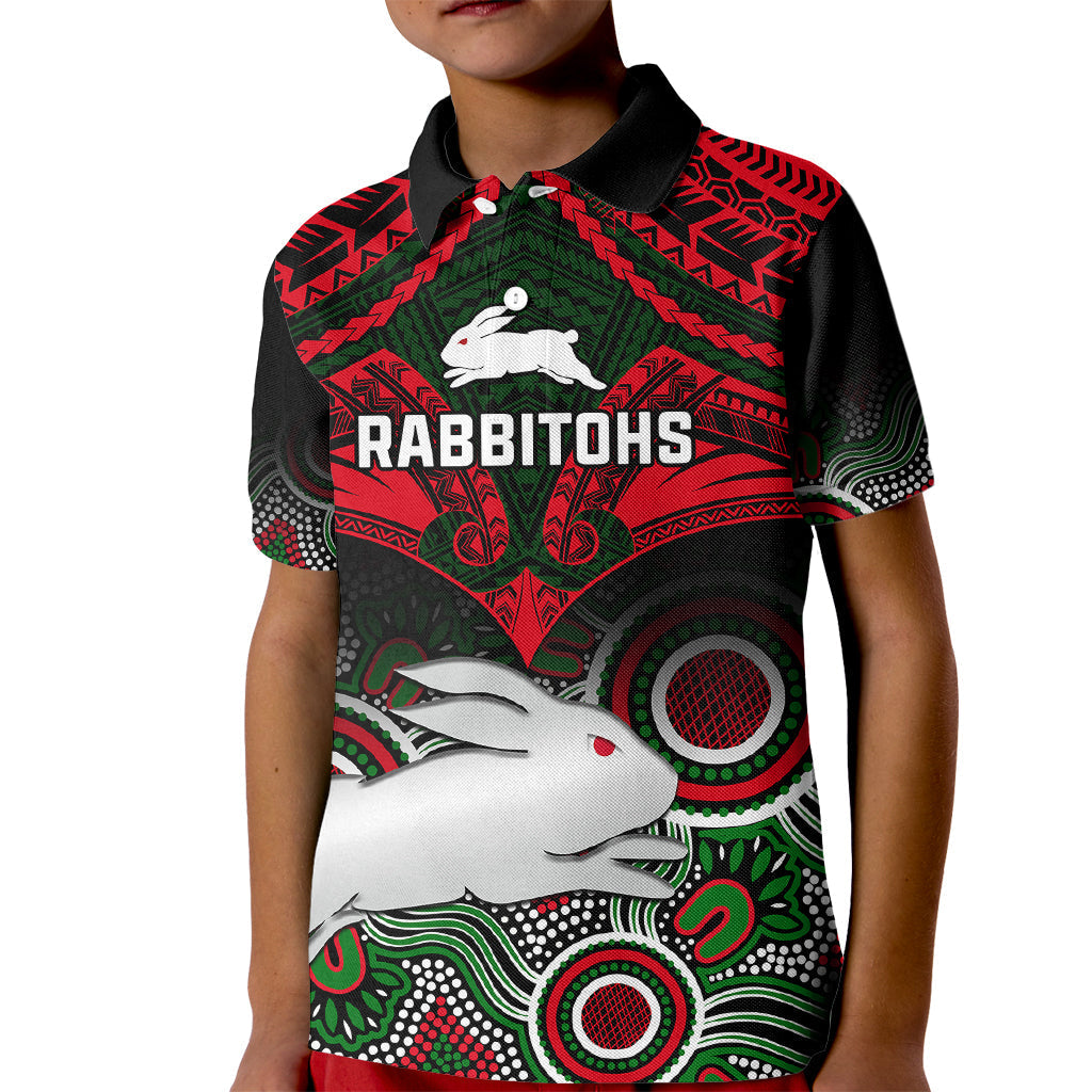 Rabbitohs Rugby Kid Polo Shirt Souths 1908 Aboriginal Mix Polynesian Pattern - Vibe Hoodie Shop