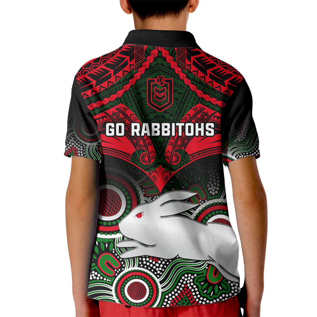 Rabbitohs Rugby Kid Polo Shirt Souths 1908 Aboriginal Mix Polynesian Pattern - Vibe Hoodie Shop