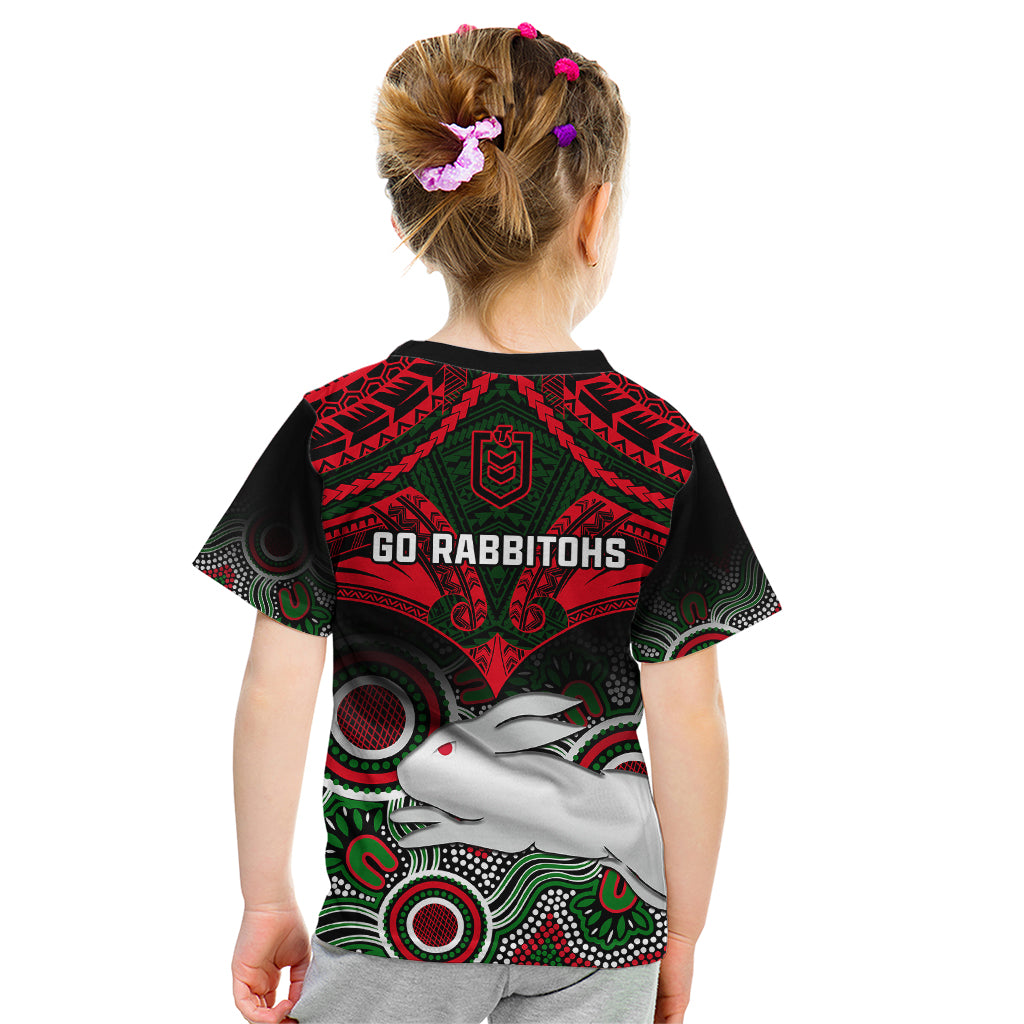 Rabbitohs Rugby Kid T Shirt Souths 1908 Aboriginal Mix Polynesian Pattern - Vibe Hoodie Shop