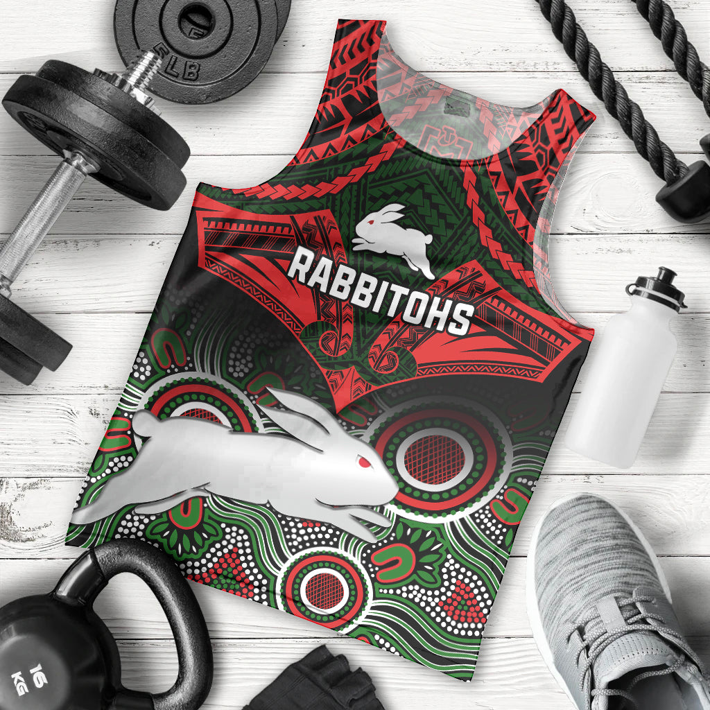 Rabbitohs Rugby Men Tank Top Souths 1908 Aboriginal Mix Polynesian Pattern - Vibe Hoodie Shop