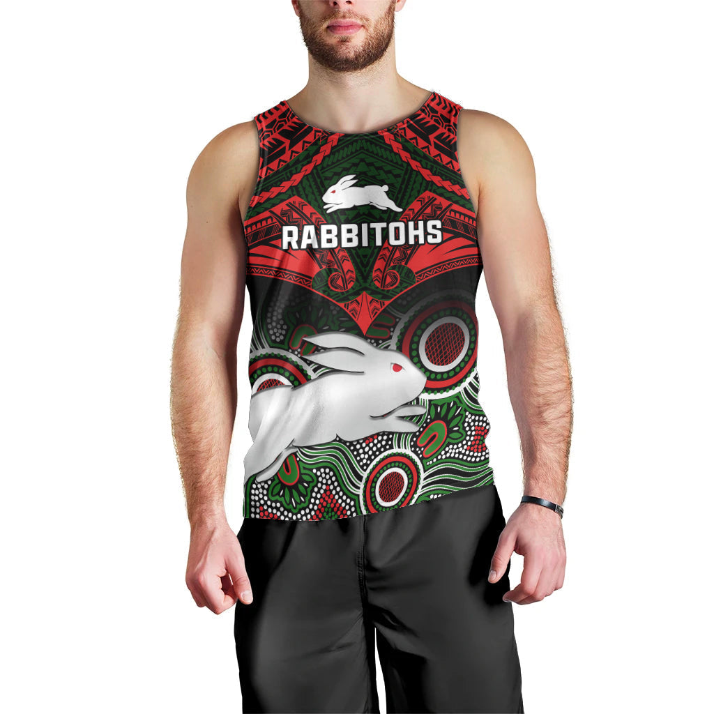 Rabbitohs Rugby Men Tank Top Souths 1908 Aboriginal Mix Polynesian Pattern - Vibe Hoodie Shop