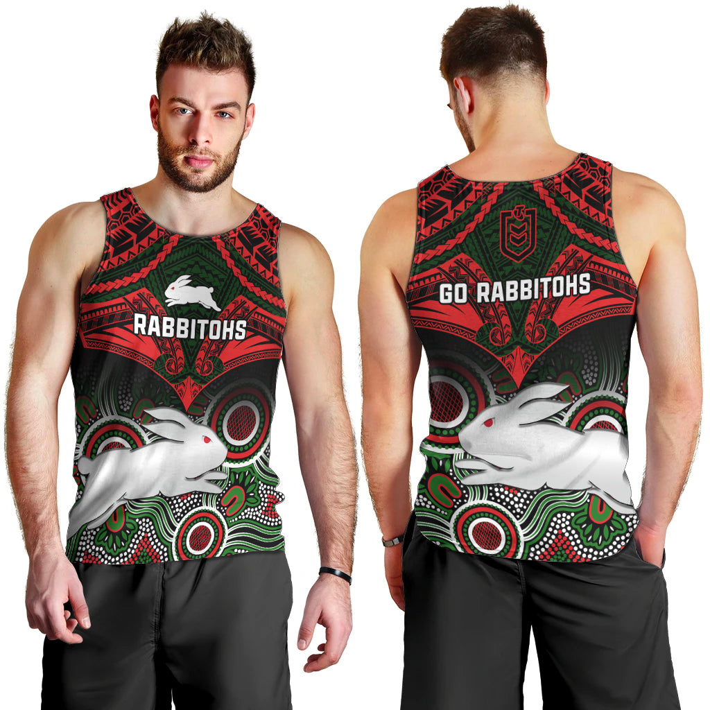 Rabbitohs Rugby Men Tank Top Souths 1908 Aboriginal Mix Polynesian Pattern - Vibe Hoodie Shop