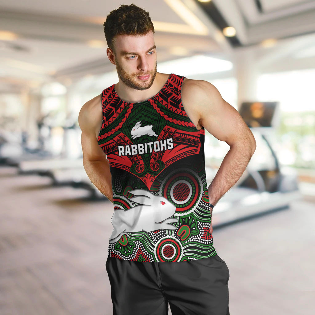 Rabbitohs Rugby Men Tank Top Souths 1908 Aboriginal Mix Polynesian Pattern - Vibe Hoodie Shop