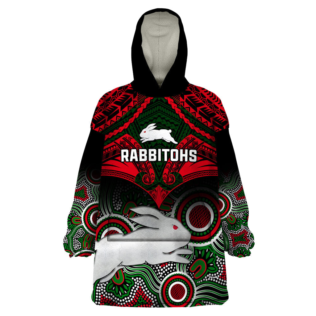 Rabbitohs Rugby Wearable Blanket Hoodie Souths 1908 Aboriginal Mix Polynesian Pattern - Vibe Hoodie Shop