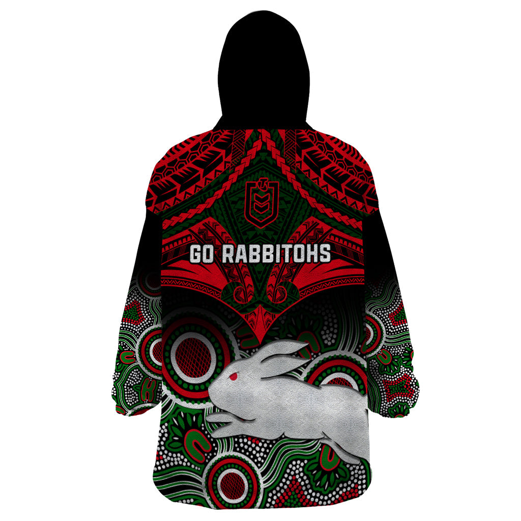 Rabbitohs Rugby Wearable Blanket Hoodie Souths 1908 Aboriginal Mix Polynesian Pattern - Vibe Hoodie Shop