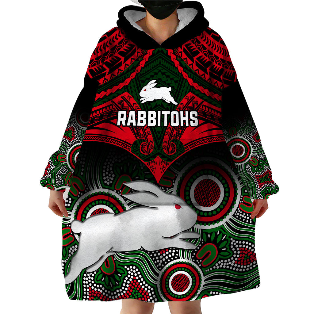 Rabbitohs Rugby Wearable Blanket Hoodie Souths 1908 Aboriginal Mix Polynesian Pattern - Vibe Hoodie Shop