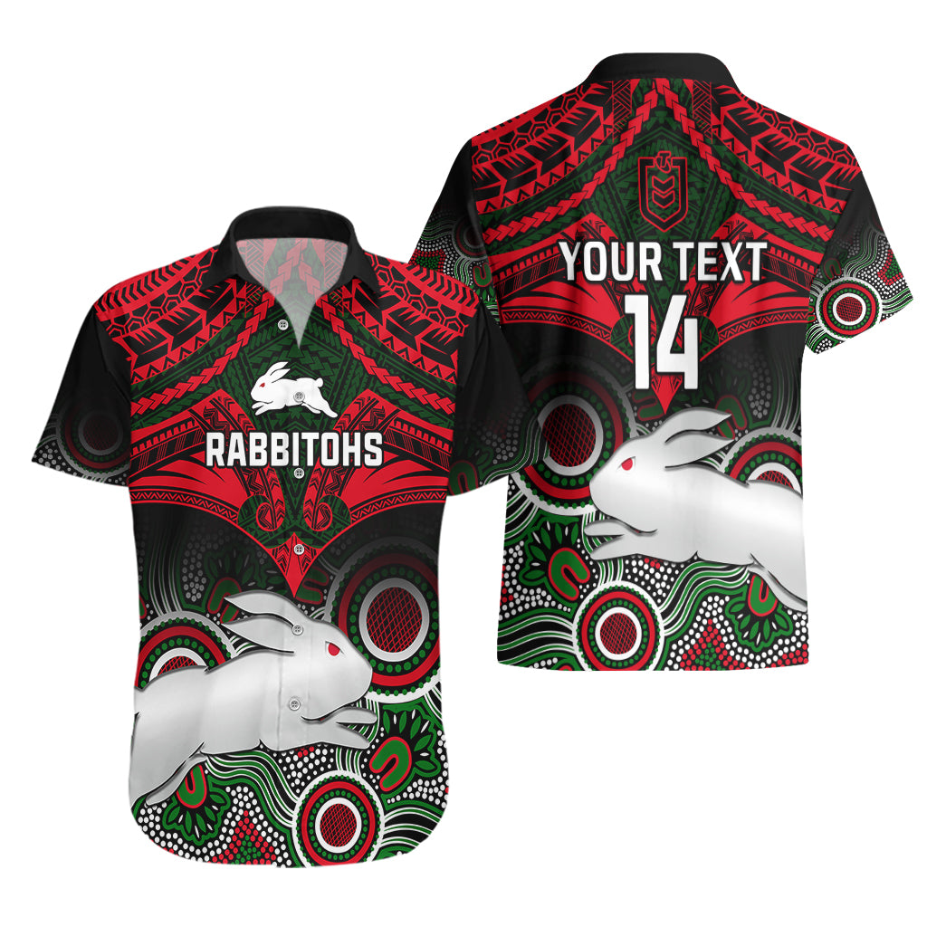 Personalised Rabbitohs Rugby Hawaiian Shirt Souths 1908 Aboriginal Mix Polynesian Pattern - Vibe Hoodie Shop