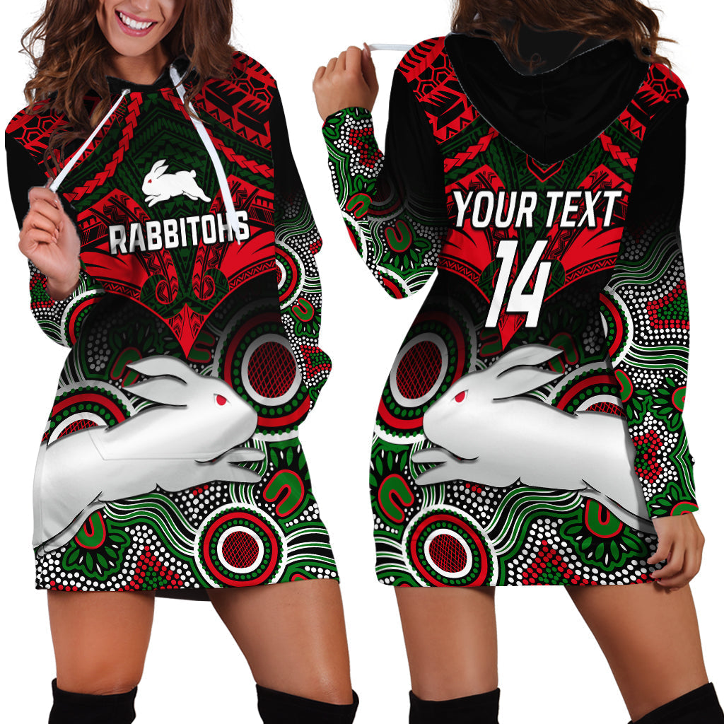Personalised Rabbitohs Rugby Hoodie Dress Souths 1908 Aboriginal Mix Polynesian Pattern - Vibe Hoodie Shop