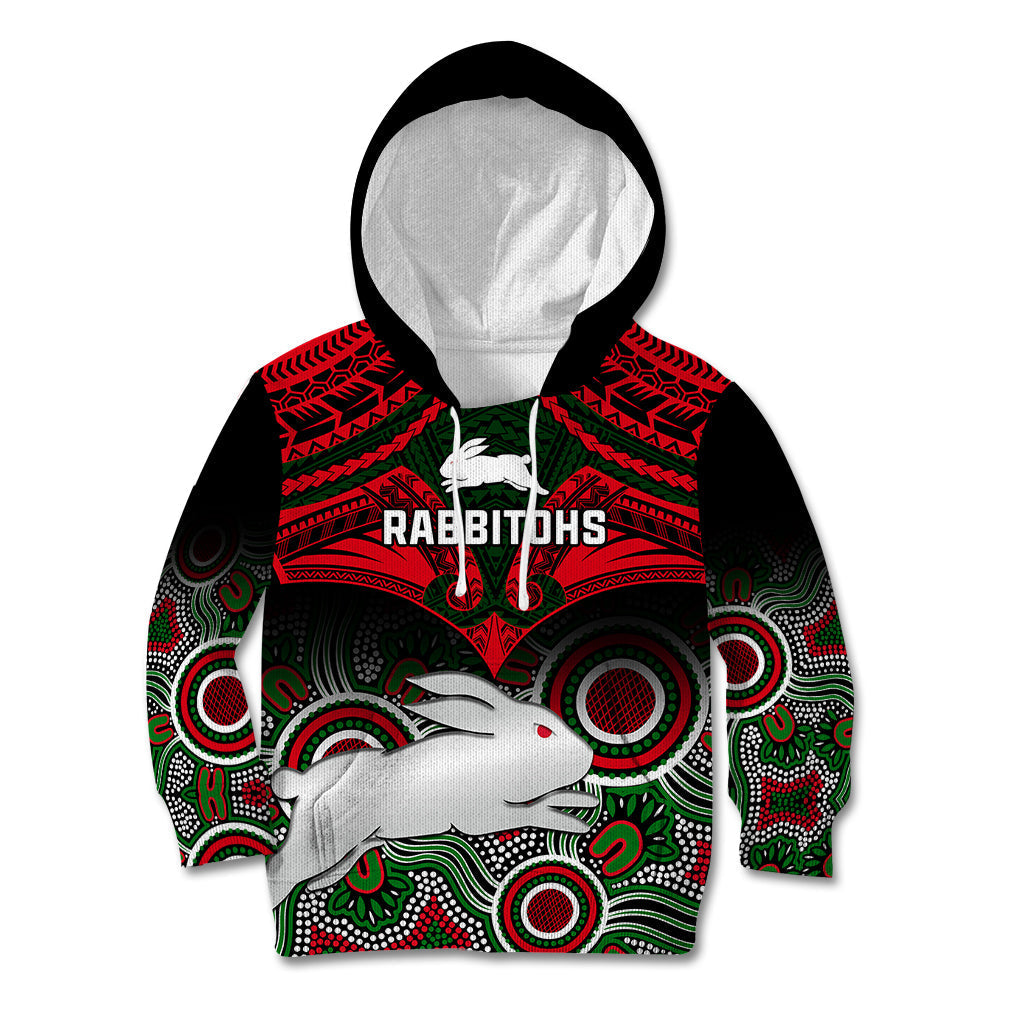 Personalised Rabbitohs Rugby Kid Hoodie Souths 1908 Aboriginal Mix Polynesian Pattern - Vibe Hoodie Shop