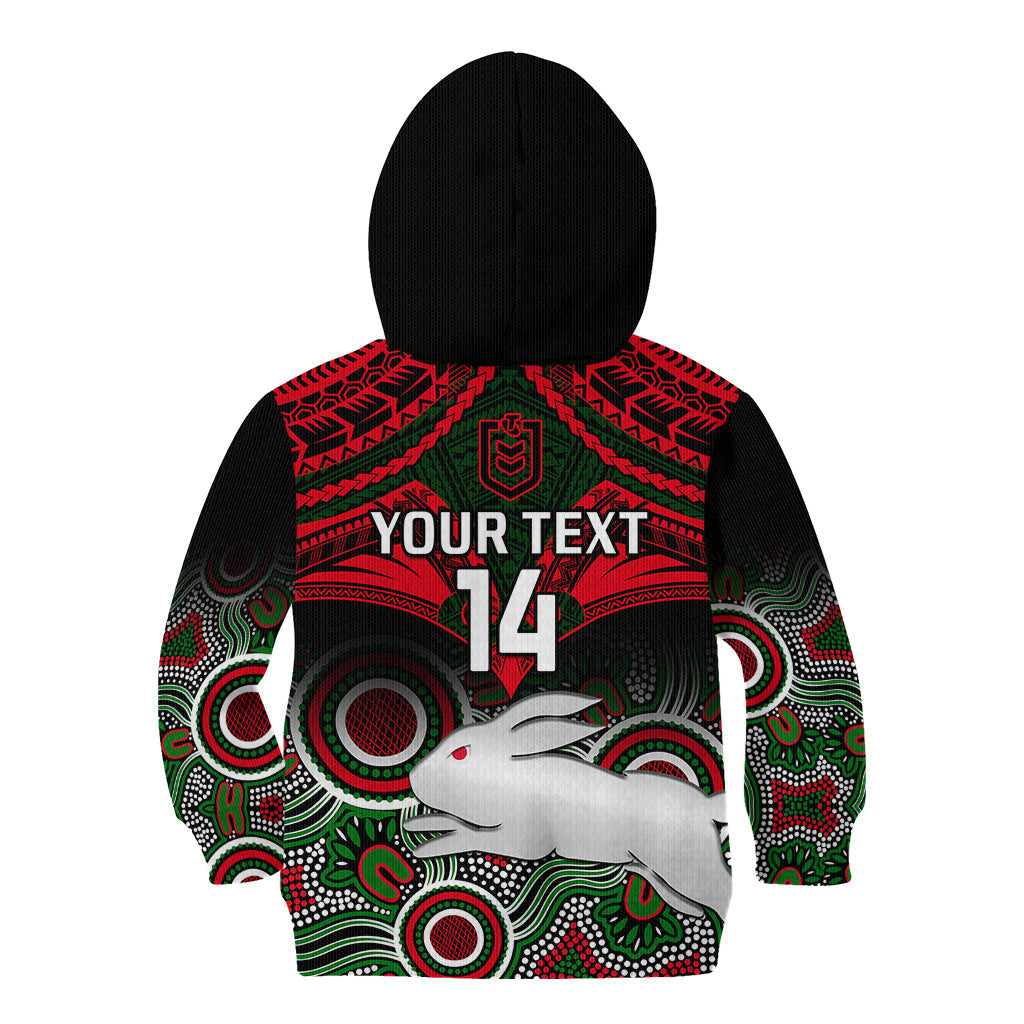 Personalised Rabbitohs Rugby Kid Hoodie Souths 1908 Aboriginal Mix Polynesian Pattern - Vibe Hoodie Shop