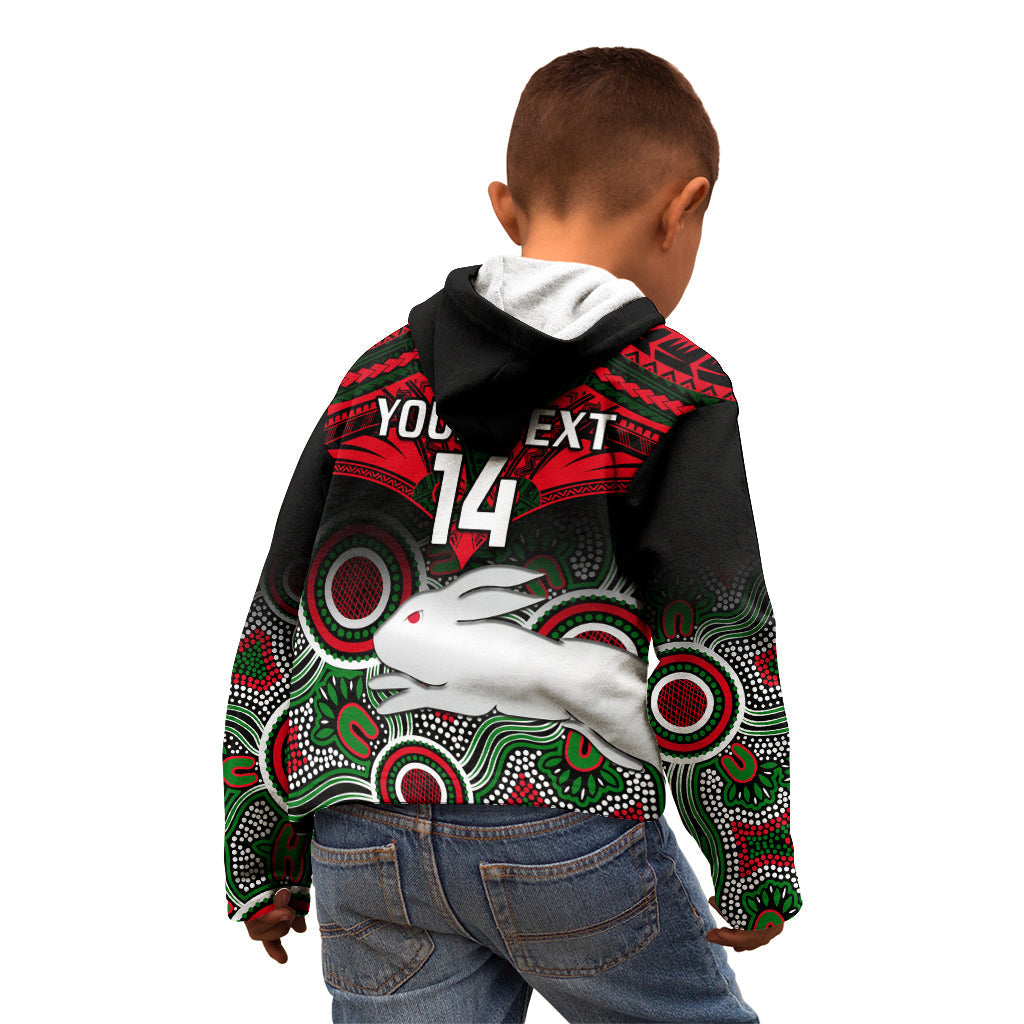 Personalised Rabbitohs Rugby Kid Hoodie Souths 1908 Aboriginal Mix Polynesian Pattern - Vibe Hoodie Shop