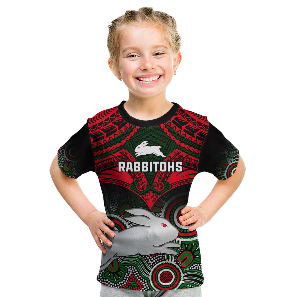 Personalised Rabbitohs Rugby Kid T Shirt Souths 1908 Aboriginal Mix Polynesian Pattern - Vibe Hoodie Shop