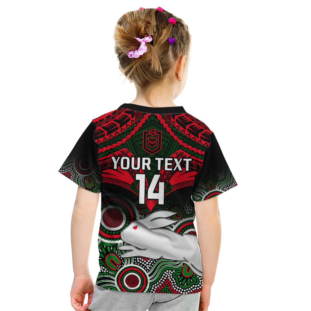 Personalised Rabbitohs Rugby Kid T Shirt Souths 1908 Aboriginal Mix Polynesian Pattern - Vibe Hoodie Shop