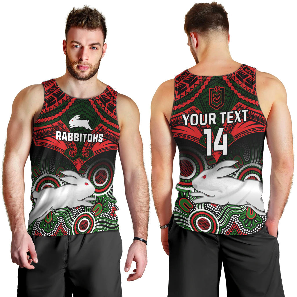 Personalised Rabbitohs Rugby Men Tank Top Souths 1908 Aboriginal Mix Polynesian Pattern - Vibe Hoodie Shop