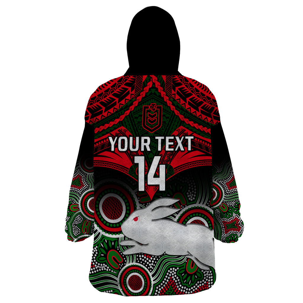 Personalised Rabbitohs Rugby Wearable Blanket Hoodie Souths 1908 Aboriginal Mix Polynesian Pattern - Vibe Hoodie Shop