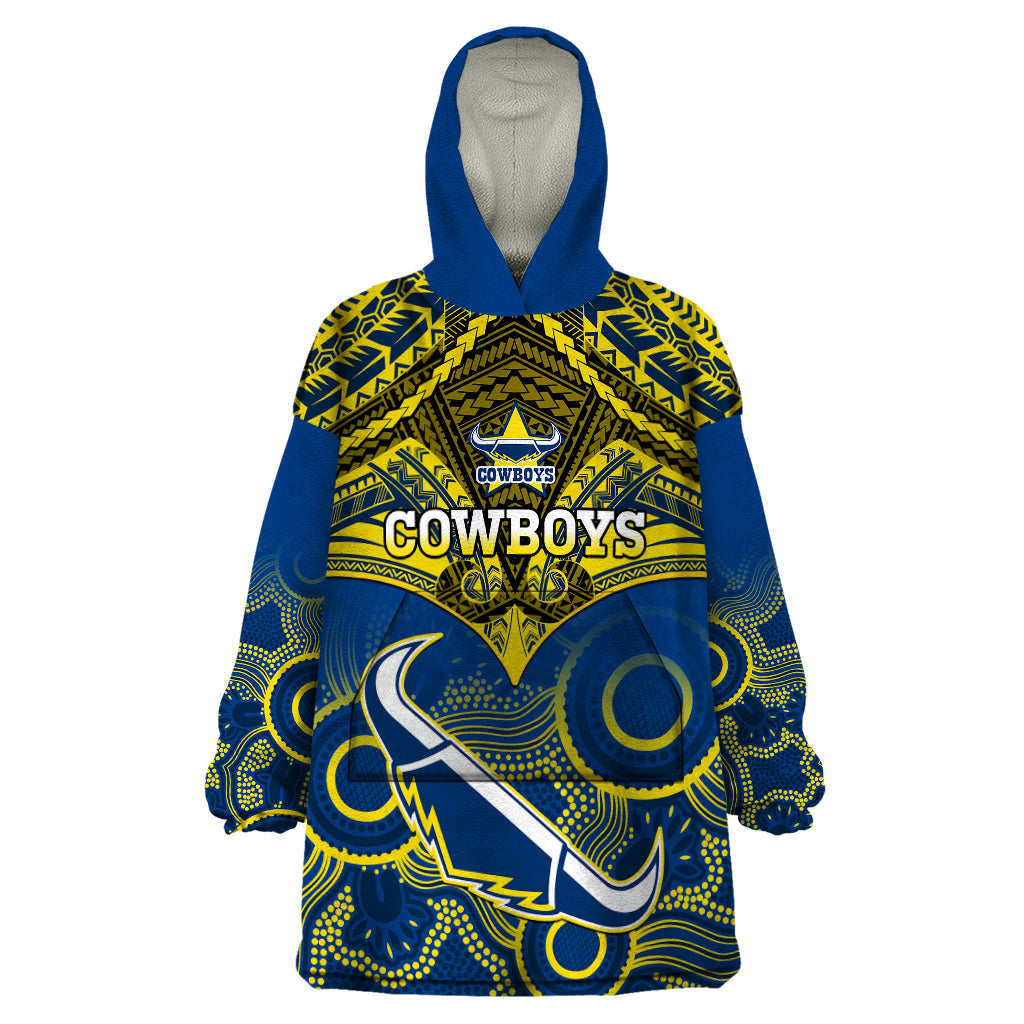 Cowboys Rugby Wearable Blanket Hoodie Aboriginal Mix Polynesian Pattern - Vibe Hoodie Shop