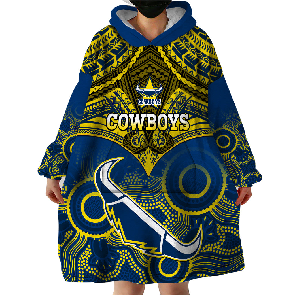 Cowboys Rugby Wearable Blanket Hoodie Aboriginal Mix Polynesian Pattern - Vibe Hoodie Shop