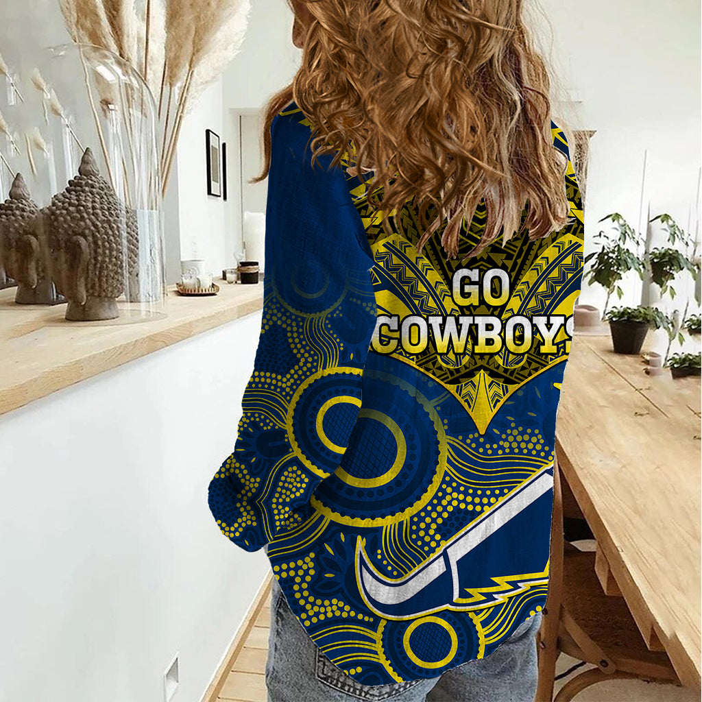 Cowboys Rugby Women Casual Shirt Aboriginal Mix Polynesian Pattern - Vibe Hoodie Shop