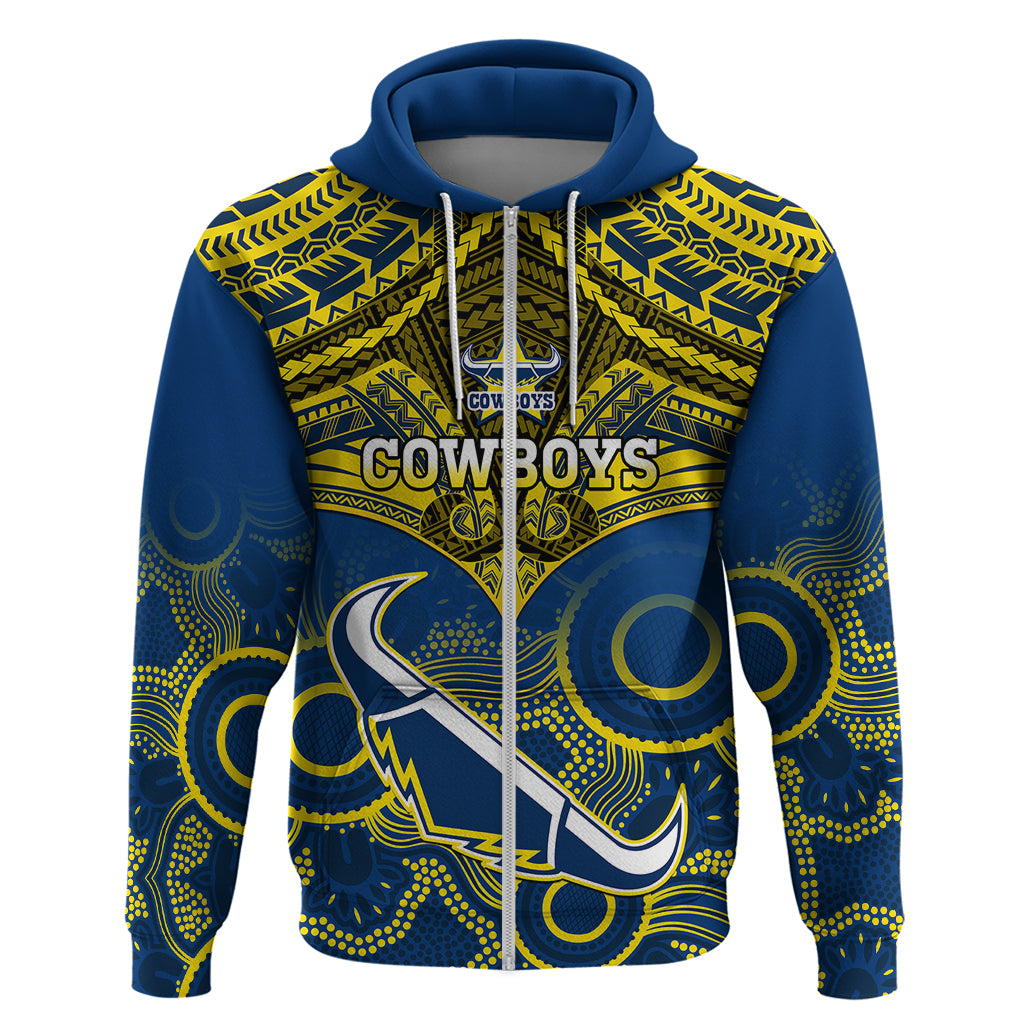 Personalised Cowboys Rugby Hoodie Aboriginal Mix Polynesian Pattern - Vibe Hoodie Shop