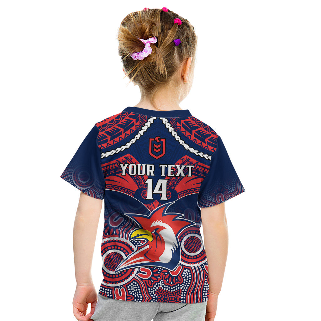 personalised-roosters-rugby-kid-t-shirt-tricolours-1908-aboriginal-mix-polynesian-pattern