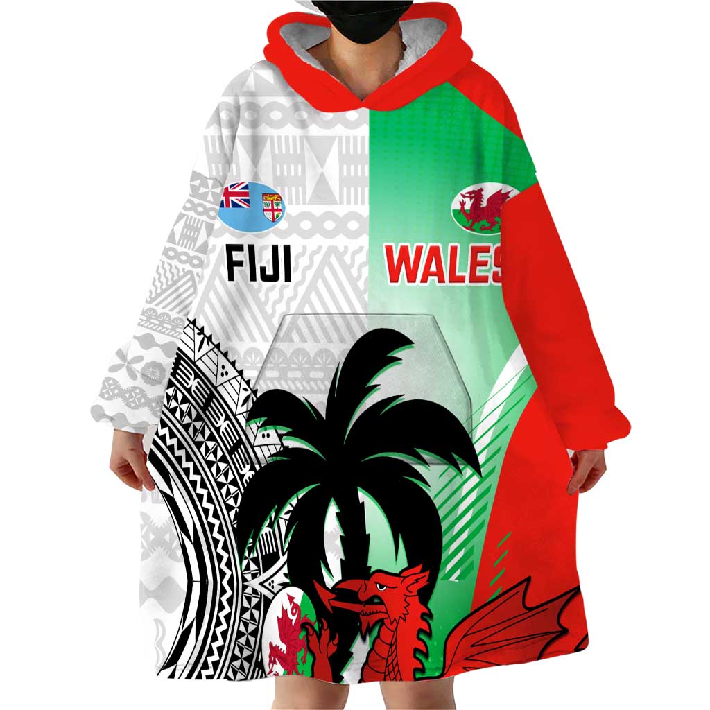 Custom Fiji And Wales Rugby Wearable Blanket Hoodie Fijian Tapa Welsh Mascots Dynamic Version - Vibe Hoodie Shop