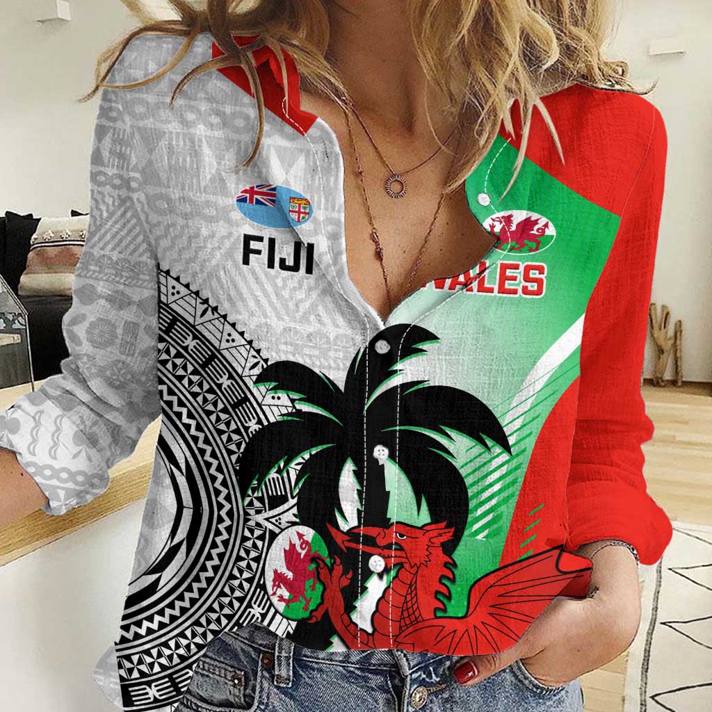 Custom Fiji And Wales Rugby Women Casual Shirt Fijian Tapa Welsh Mascots Dynamic Version - Vibe Hoodie Shop