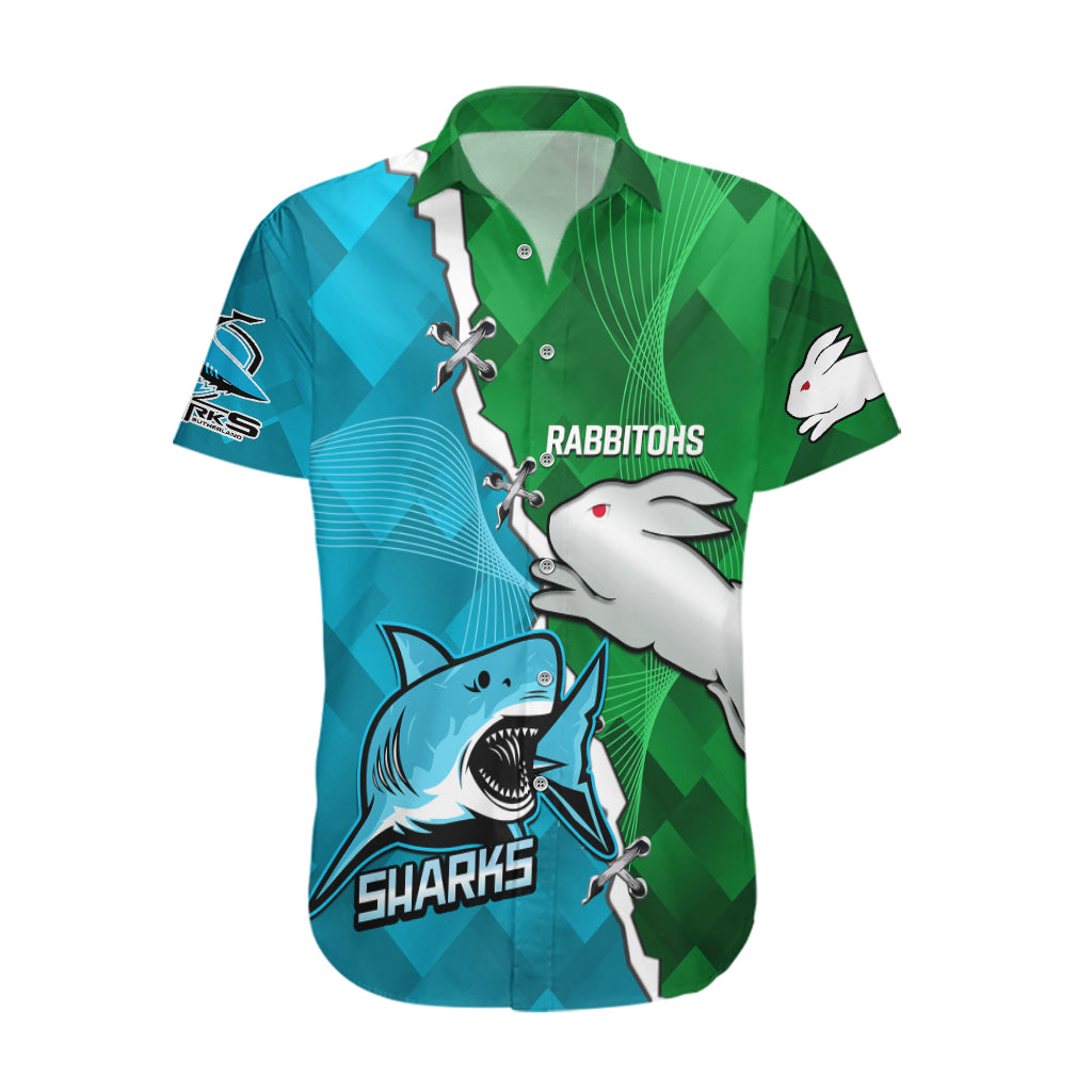 Personalised Sharks and Rabbitohs Rugby Hawaiian Shirt 2023 Sporty Version - Vibe Hoodie Shop