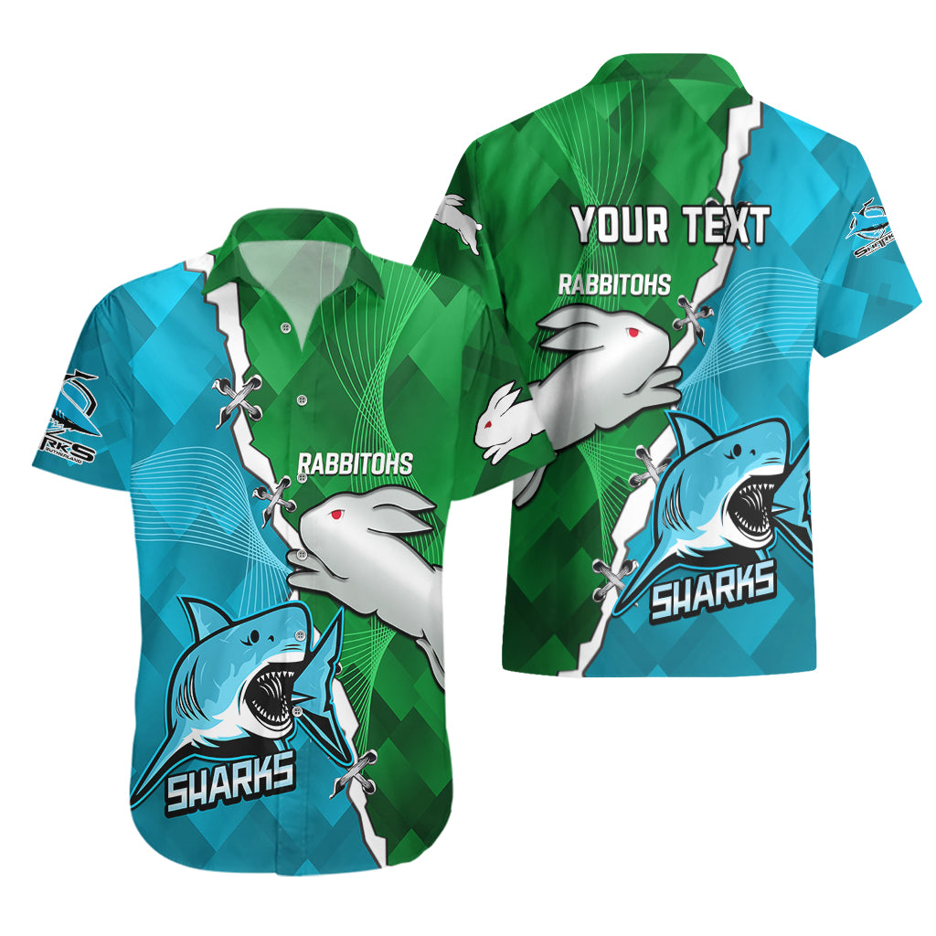 Personalised Sharks and Rabbitohs Rugby Hawaiian Shirt 2023 Sporty Version - Vibe Hoodie Shop