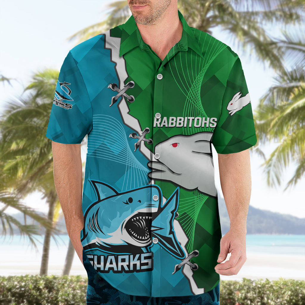Personalised Sharks and Rabbitohs Rugby Hawaiian Shirt 2023 Sporty Version - Vibe Hoodie Shop