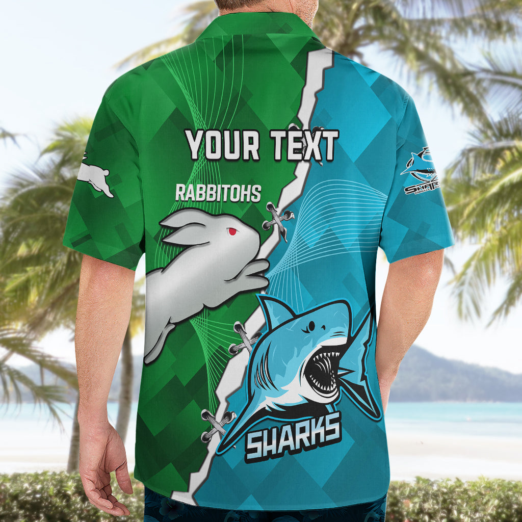 Personalised Sharks and Rabbitohs Rugby Hawaiian Shirt 2023 Sporty Version - Vibe Hoodie Shop