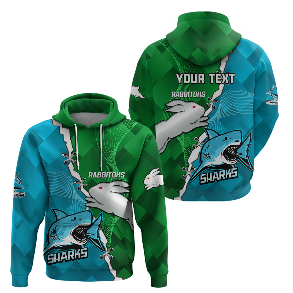Personalised Sharks and Rabbitohs Rugby Hoodie 2023 Sporty Version - Vibe Hoodie Shop