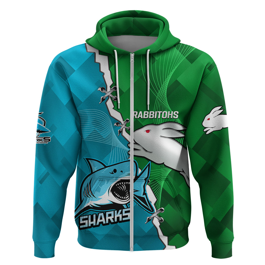 Personalised Sharks and Rabbitohs Rugby Hoodie 2023 Sporty Version - Vibe Hoodie Shop