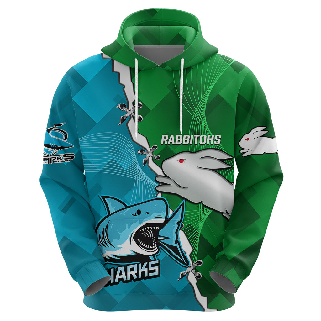 Personalised Sharks and Rabbitohs Rugby Hoodie 2023 Sporty Version - Vibe Hoodie Shop