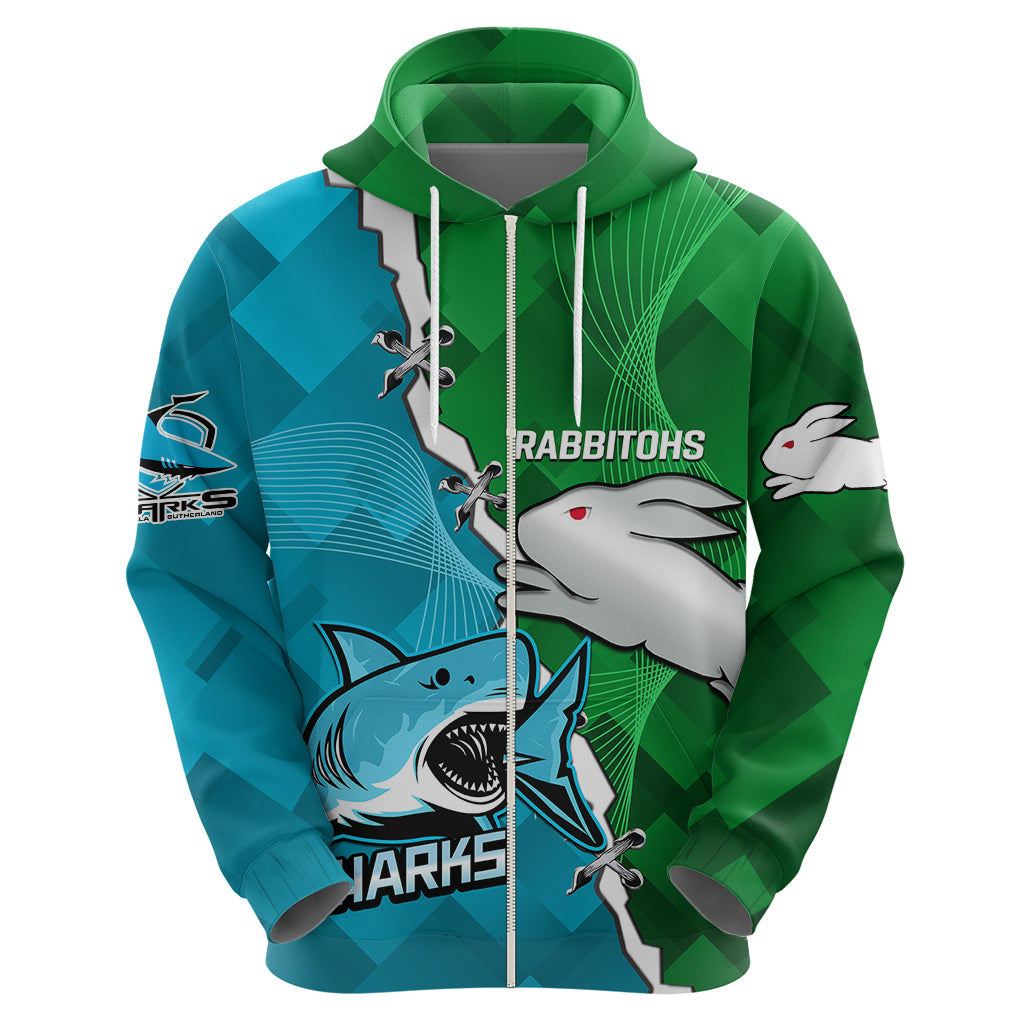 Personalised Sharks and Rabbitohs Rugby Hoodie 2023 Sporty Version - Vibe Hoodie Shop