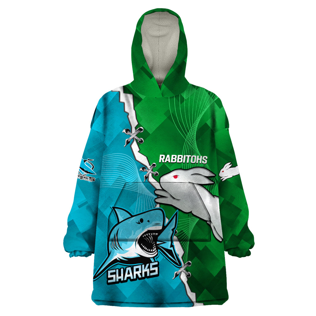 Personalised Sharks and Rabbitohs Rugby Wearable Blanket Hoodie 2023 Sporty Version - Vibe Hoodie Shop