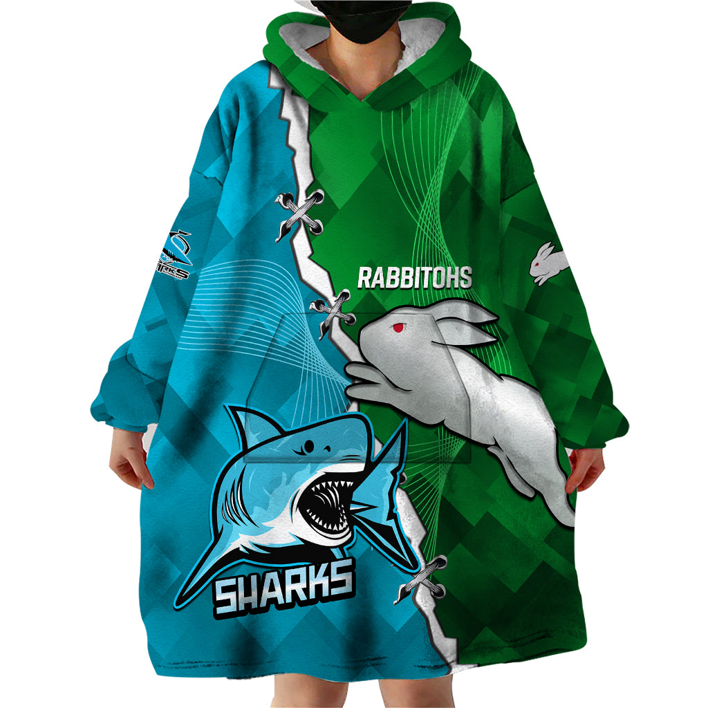 Personalised Sharks and Rabbitohs Rugby Wearable Blanket Hoodie 2023 Sporty Version - Vibe Hoodie Shop