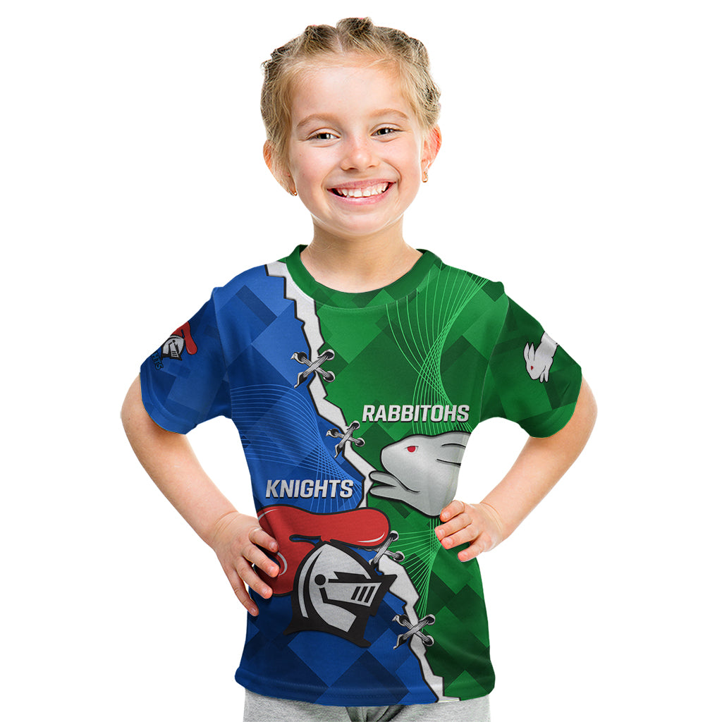 Personalised Knights and Rabbitohs Rugby Kid T Shirt 2023 Sporty Version - Vibe Hoodie Shop