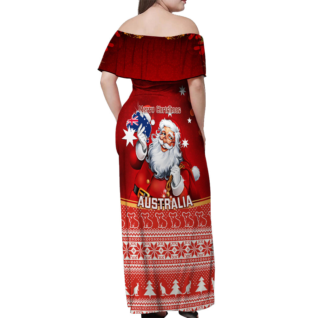 Australia Christmas Off Shoulder Maxi Dress Xmas In July Happy Santa Claus With Map Red Style - Vibe Hoodie Shop