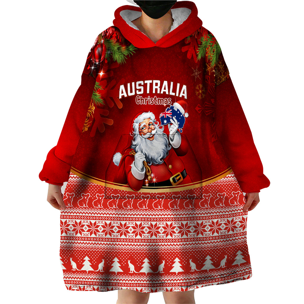 Australia Christmas Wearable Blanket Hoodie Xmas In July Happy Santa Claus With Map Red Style - Vibe Hoodie Shop