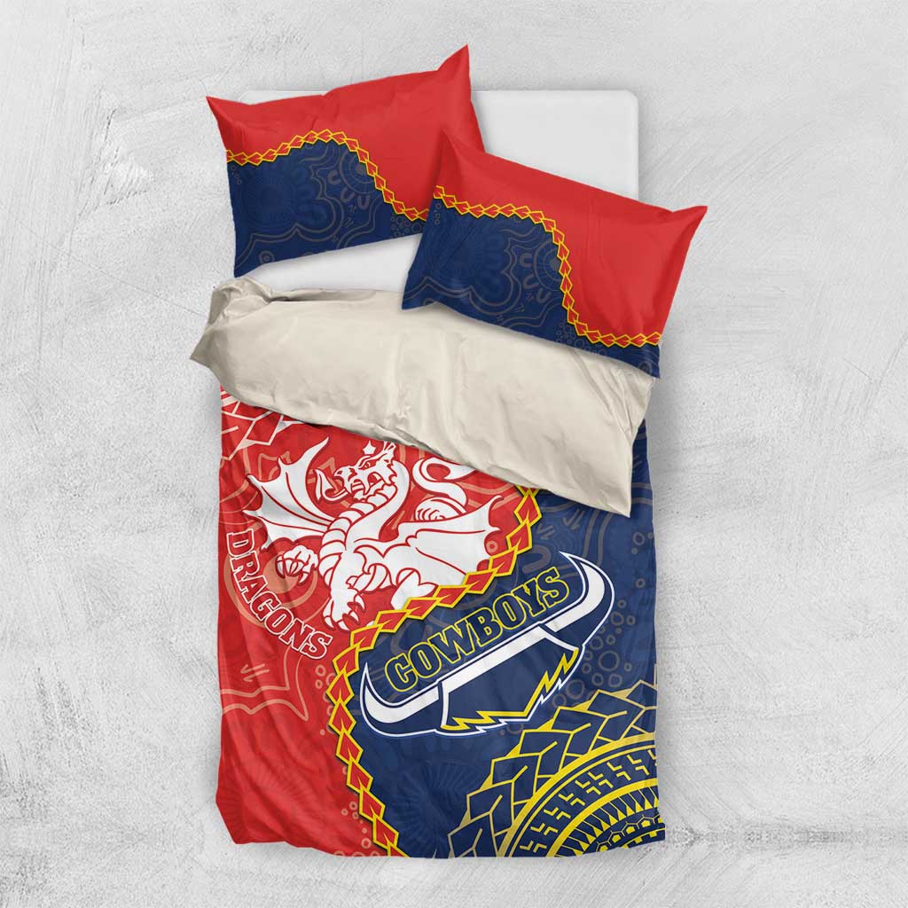 Custom Dragons And Cowboys Rugby Bedding Set Aboriginal Mix Polynesian Pattern - Vibe Hoodie Shop