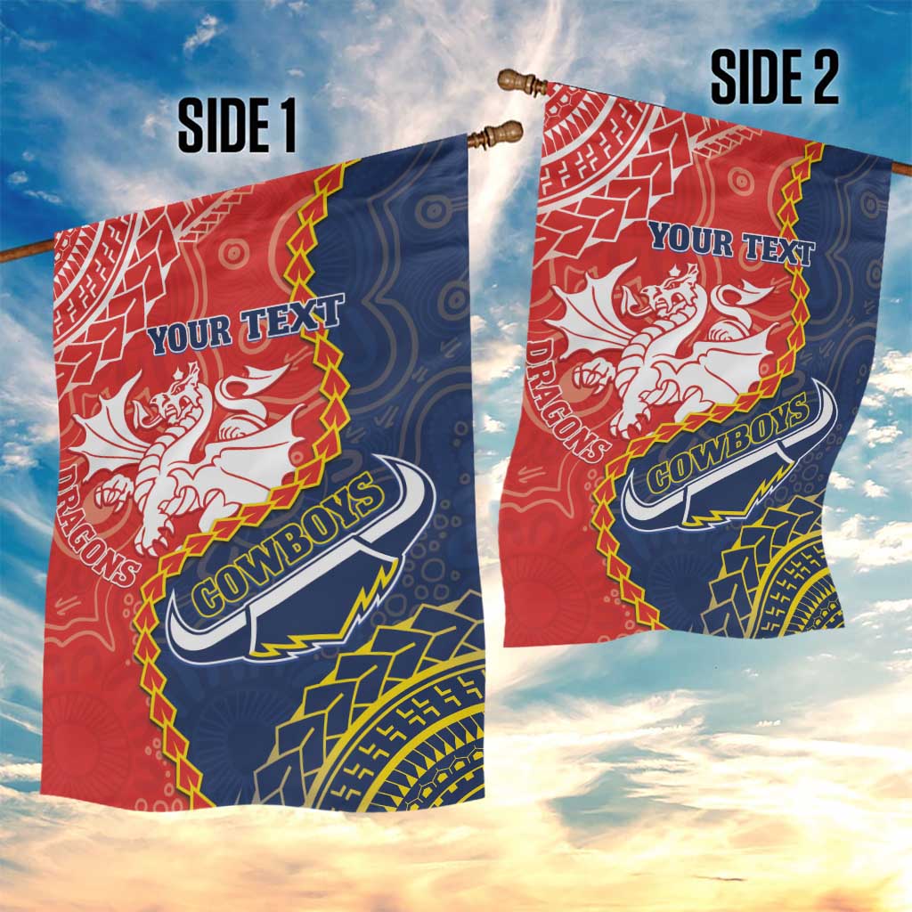 Custom Dragons And Cowboys Rugby Garden Flag Aboriginal Mix Polynesian Pattern - Vibe Hoodie Shop