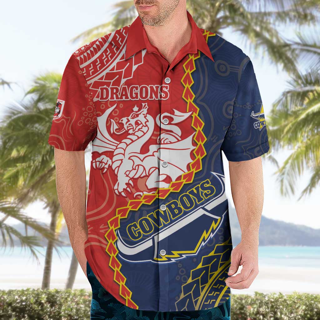 Custom Dragons And Cowboys Rugby Hawaiian Shirt Aboriginal Mix Polynesian Pattern - Vibe Hoodie Shop