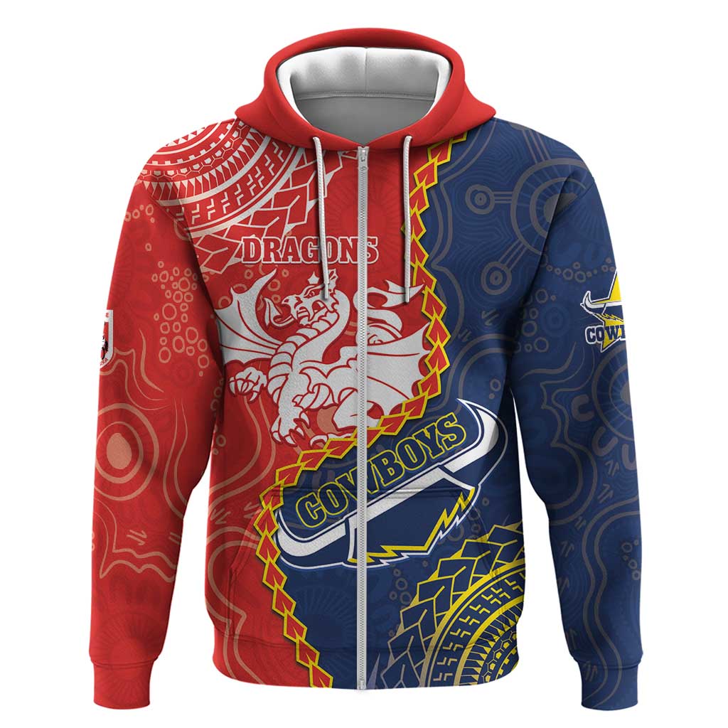 Custom Dragons And Cowboys Rugby Hoodie Aboriginal Mix Polynesian Pattern - Vibe Hoodie Shop