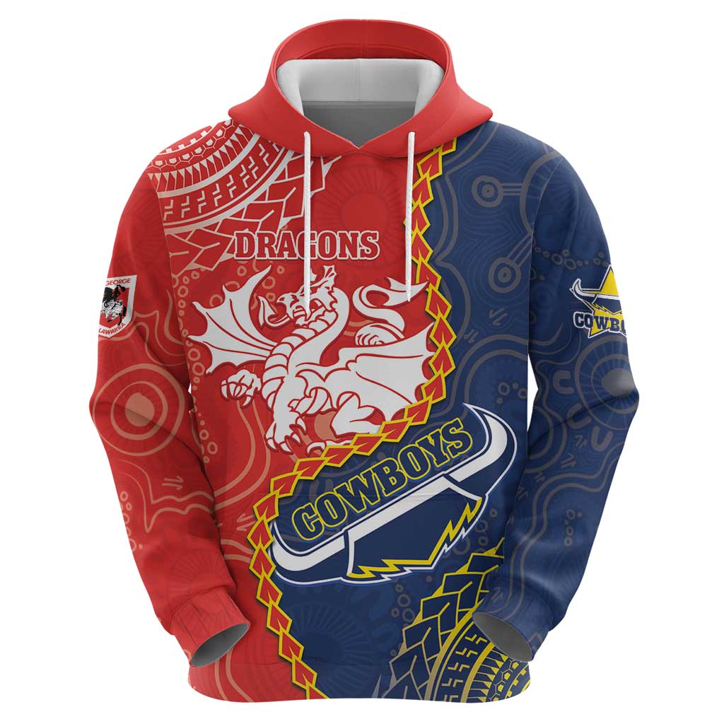 Custom Dragons And Cowboys Rugby Hoodie Aboriginal Mix Polynesian Pattern - Vibe Hoodie Shop