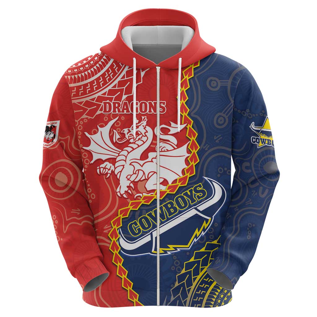 Custom Dragons And Cowboys Rugby Hoodie Aboriginal Mix Polynesian Pattern - Vibe Hoodie Shop