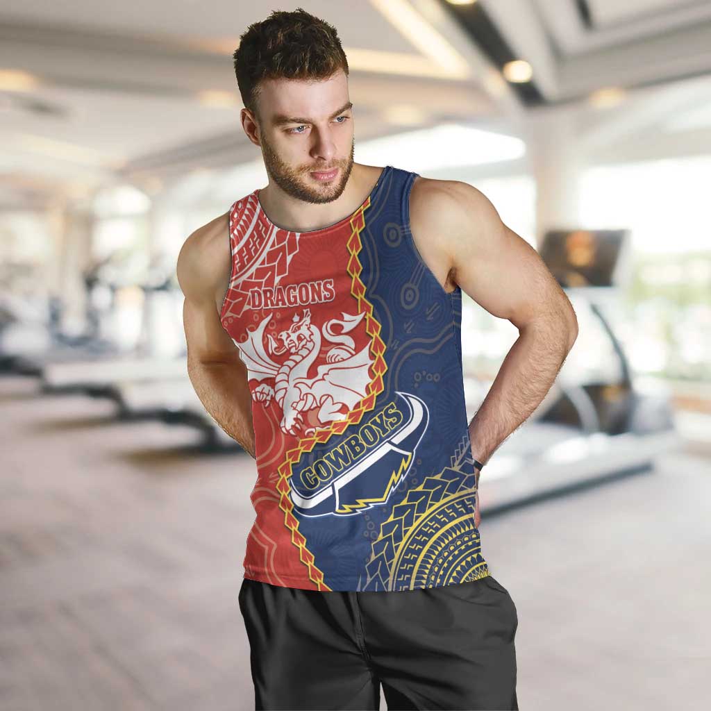 Custom Dragons And Cowboys Rugby Men Tank Top Aboriginal Mix Polynesian Pattern - Vibe Hoodie Shop